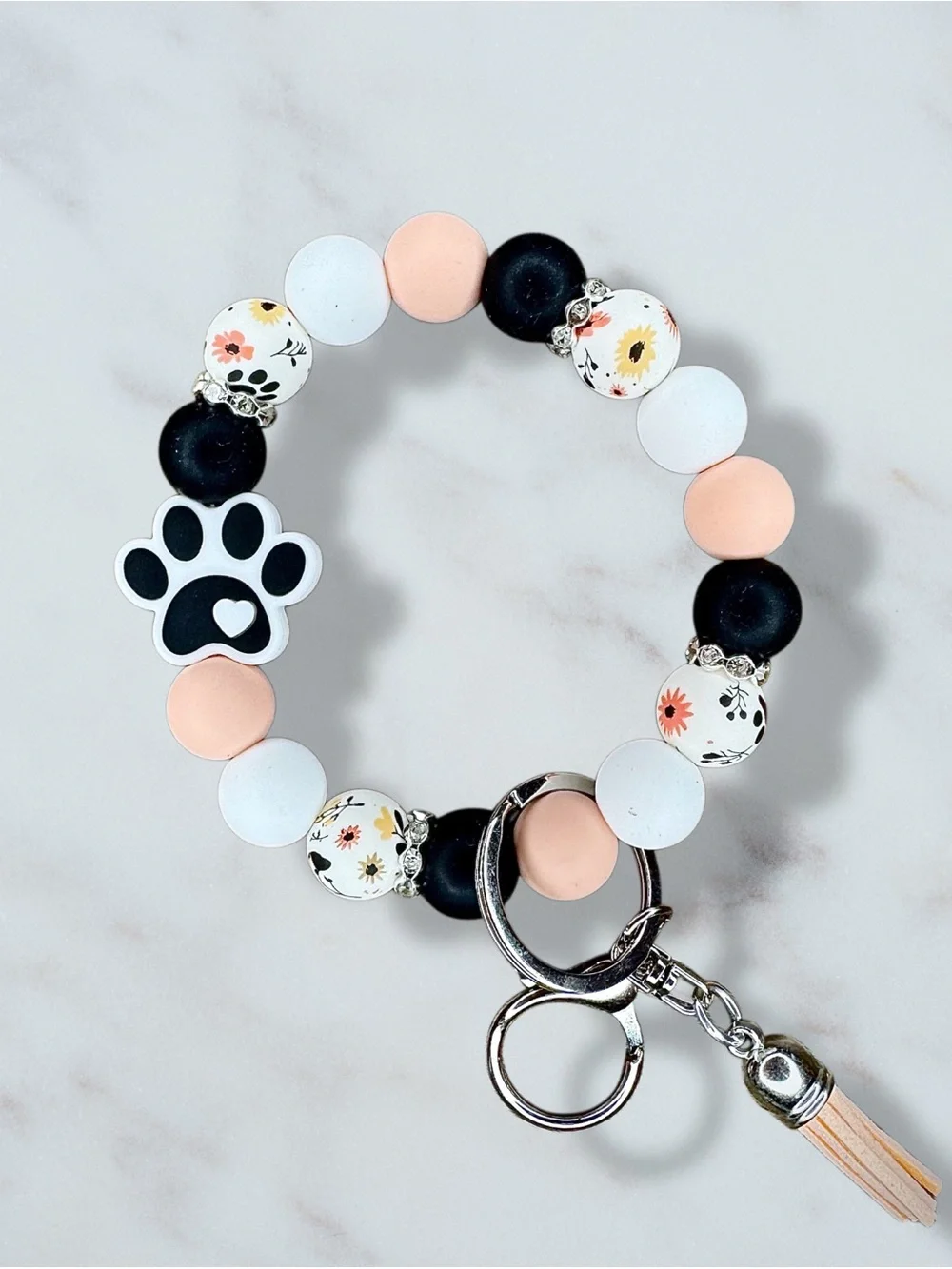 Floral Paw Print Beaded Wristlet Keychain